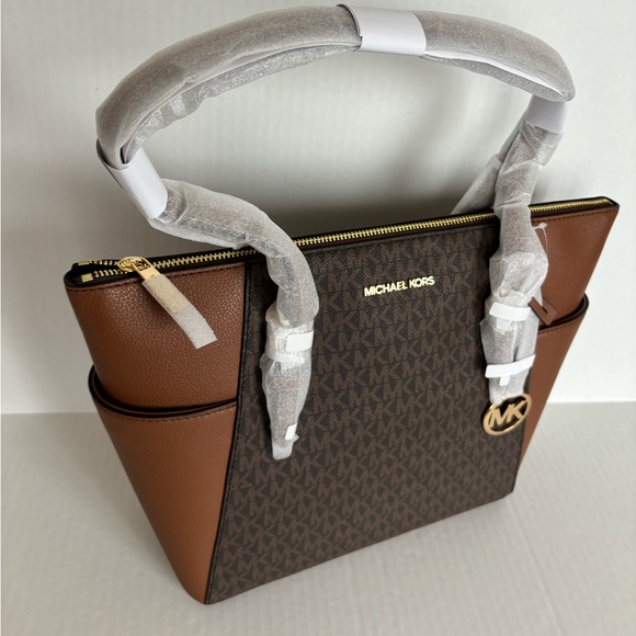 NWT Michael Kors Charlotte Top Zip Tote MK Signature Shoulder Bag Brown - Picture 7 of 15